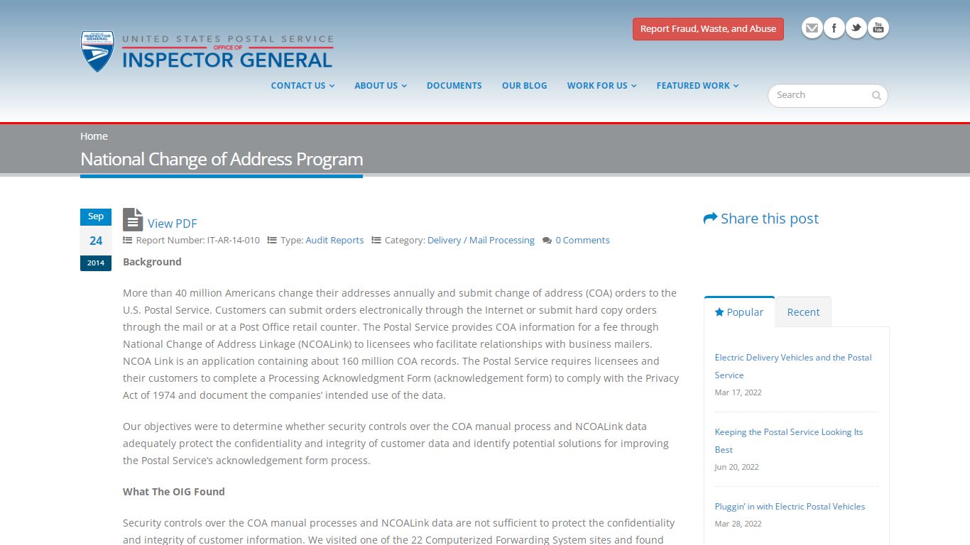 National Change of Address Program | USPS Office of Inspector General